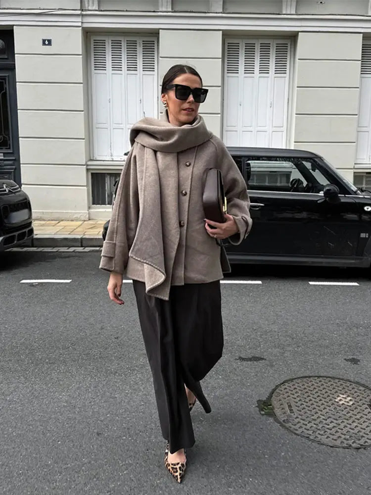 Fashion Solid Woolen Coat With Scarf Elegant Long Sleeve Single Breasted Pockets Jackets 2024 Winter Female Chic Street Outwear GONZALES ONLINE SHOP