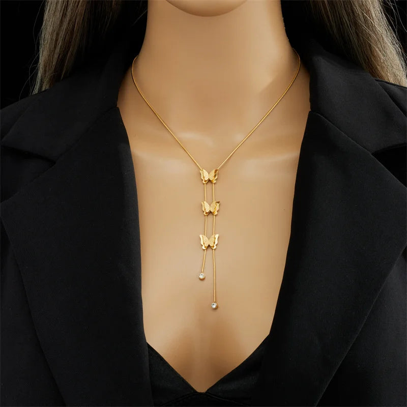 316L Stainless Steel New Fashion Fine Jewelry Butterfly Zircon Tassel Charms Snake Chain Choker Necklaces Pendants For Women GONZALES ONLINE SHOP