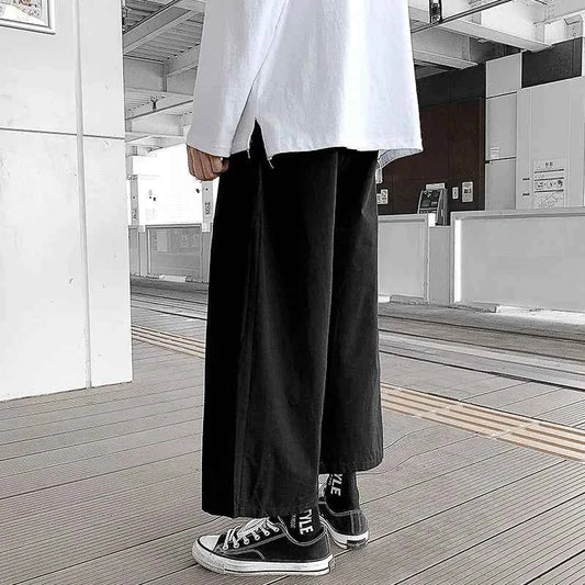 Wide Leg Pants Men Drape Straight Loose Harajuku Vintage Japan Style Ankle-length Trousers Cozy Versatile Black Pantalones Male
