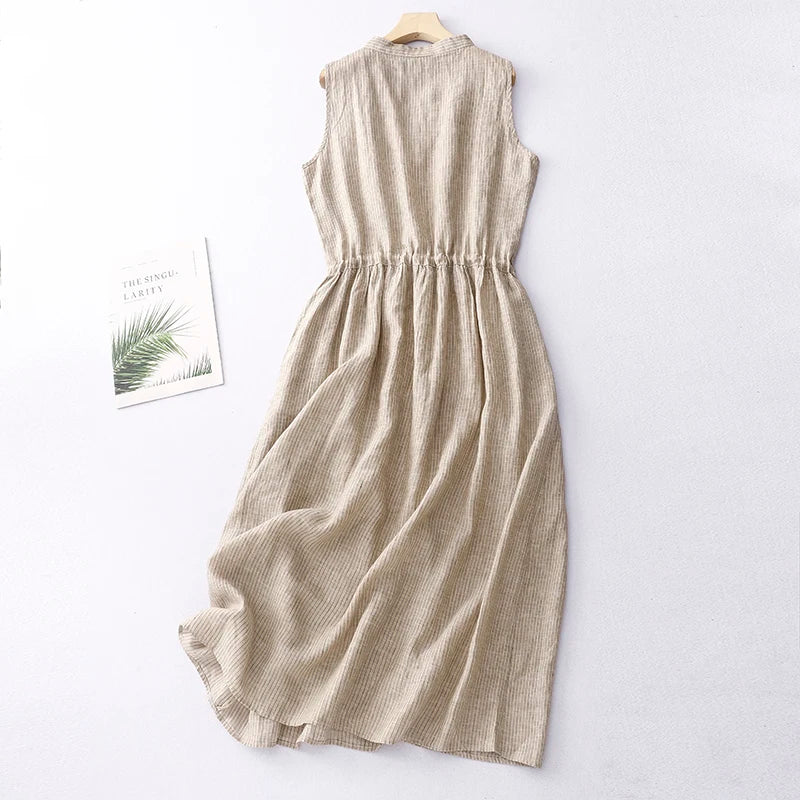 Limiguyue Cotton Linen Striped Vest Dress Summer Clothes Elastic Waist Drawstring A-Line Casual Dresses V-Neck Button Soft U397 GONZALES ONLINE SHOP