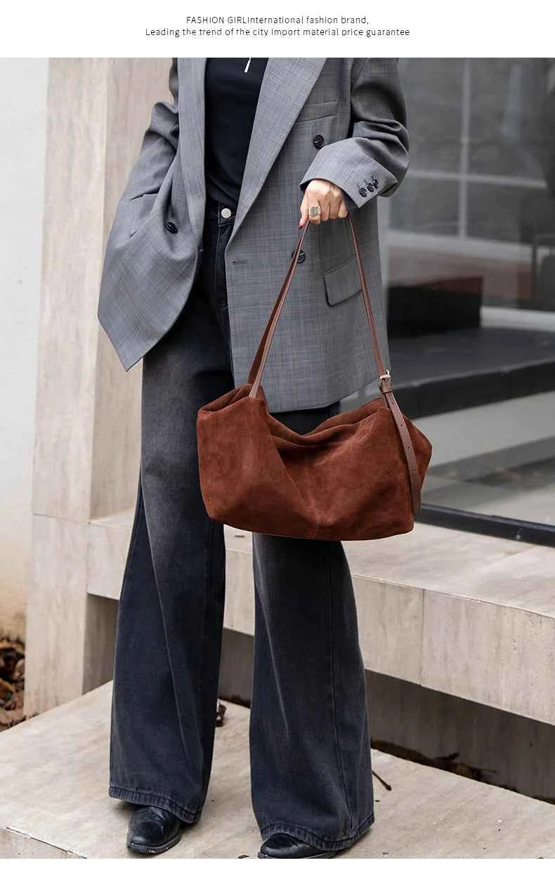 Women's Natural Nuede Genuine Leather Handbags Ladies large capacity Tote Bag Female Design Luxury Commuting Yoga Bag  hobo bag