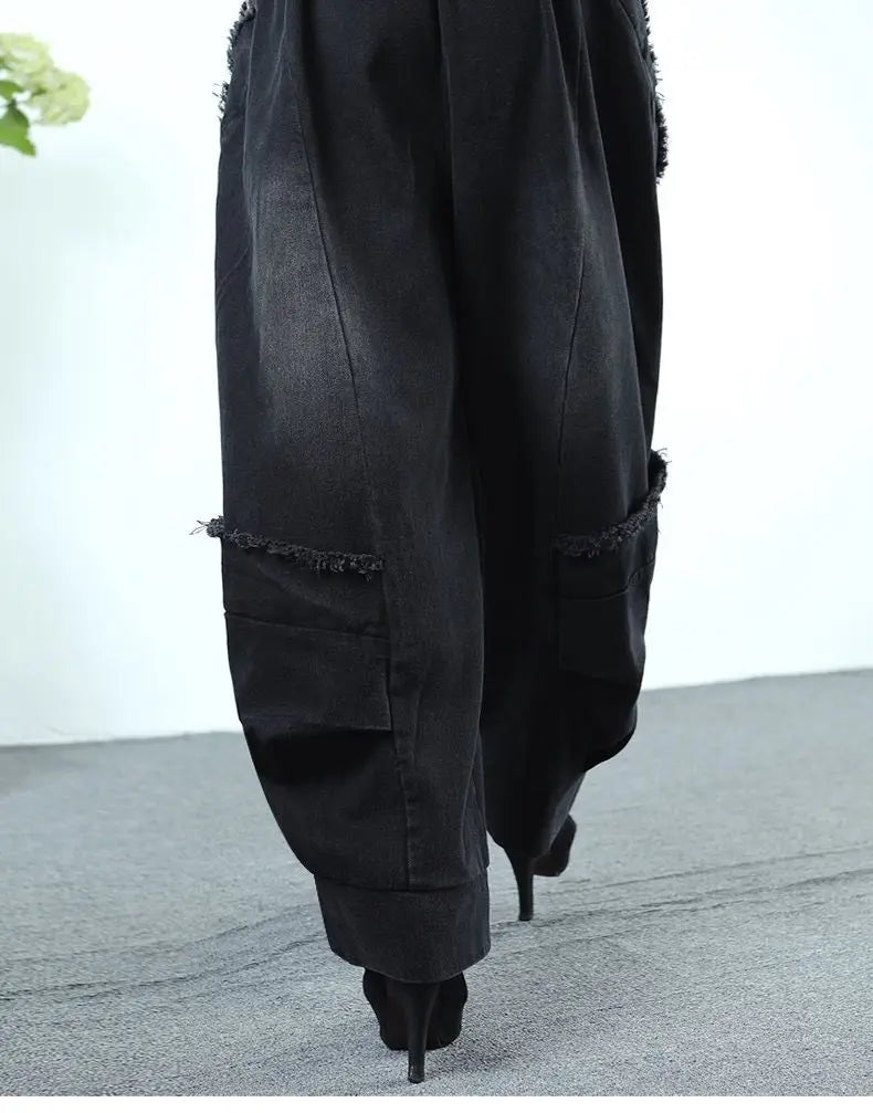 Black Wide-leg Jeans Harlan Pants Loose Fashion Casual Full Length High Waist Patchwork Print Pocket Jeans Women Clothes Spring GONZALES ONLINE SHOP