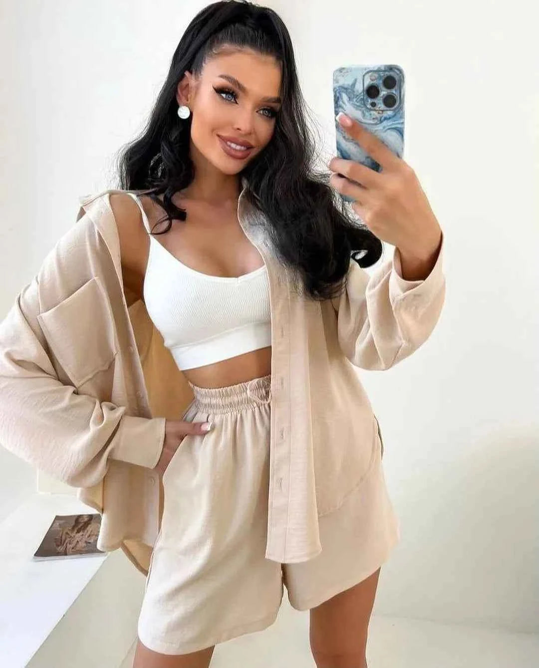 Three sisters 2025 New Summer Women's Solid Single breasted Long Sleeve Shirt Loose Fashion Casual Shorts Beach Wholesale suit