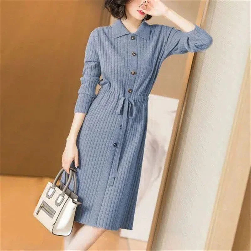 Elegant Knitted Sweater Dress Fashion Korean Long Sleeve Drawstring Waist Dresses Fall Vintage Women Mid-length Vestidos F282 GONZALES ONLINE SHOP