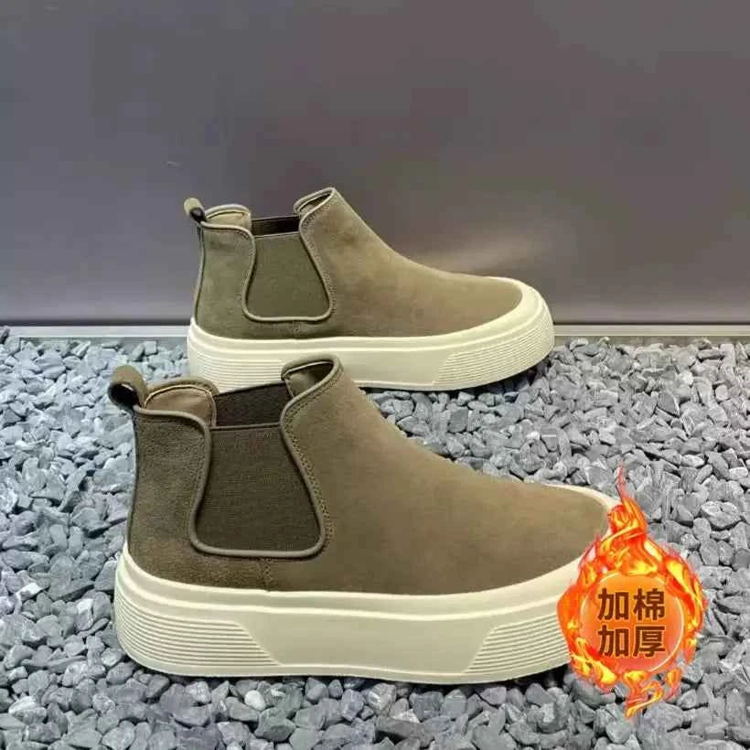 Men's shoes 2026 spring new fashion high top casual thick soled board shoes outdoor anti slip warm suede cotton shoes