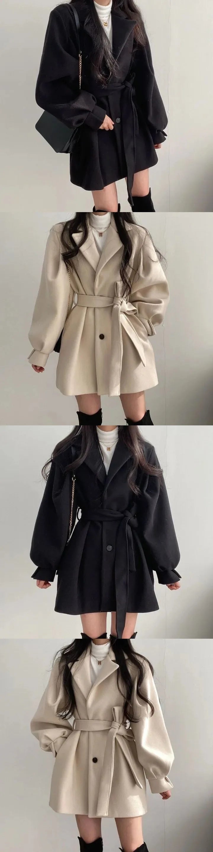 Autumn Winter Wool Jacket Women Clothing Woolen Coat Loose Lace-Up Single-Breasted Solid Wool Blend Coats Elegant Chic Outerwear GONZALES ONLINE SHOP