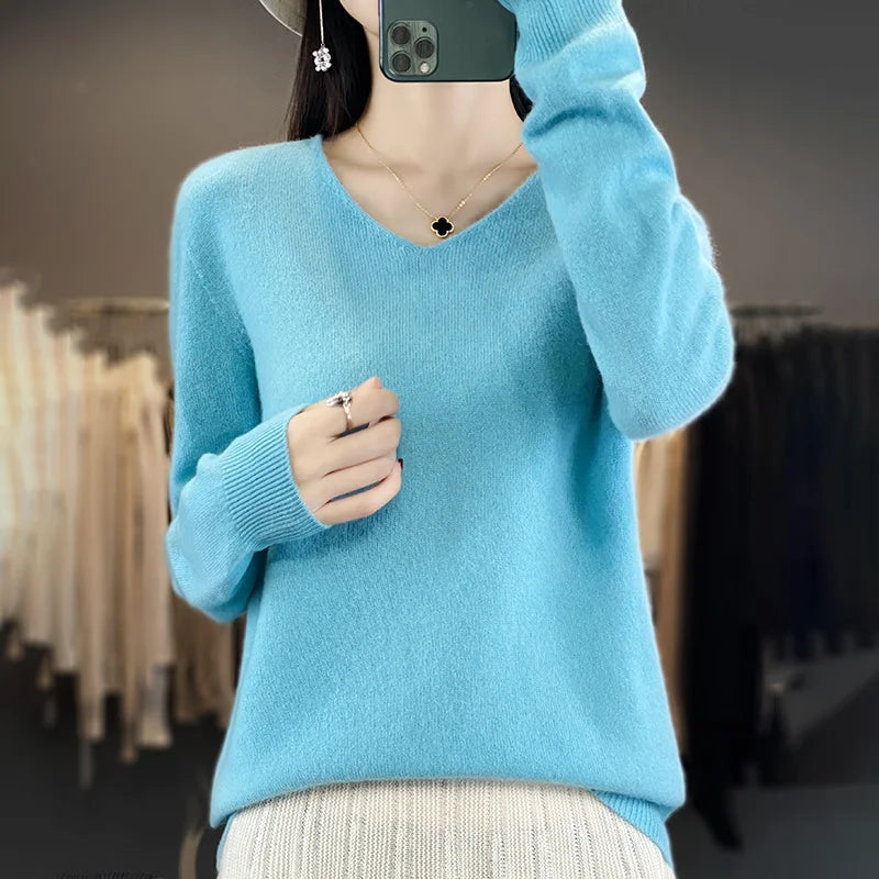 Women 100% Merino Wool Sweater V-Neck Basic Pullover Autumn Winter Cashmere Clothing Long Sleeve Soft Knitwear Tops Solid Color GONZALES ONLINE SHOP