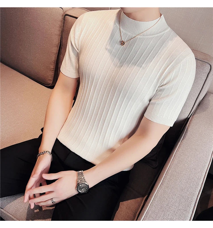 Men's High-End Casual Short Sleeve knitting Sweater/Male High collar Slim Fit Stripe Set head Knit Shirts Plus size S-4XL GONZALES ONLINE SHOP