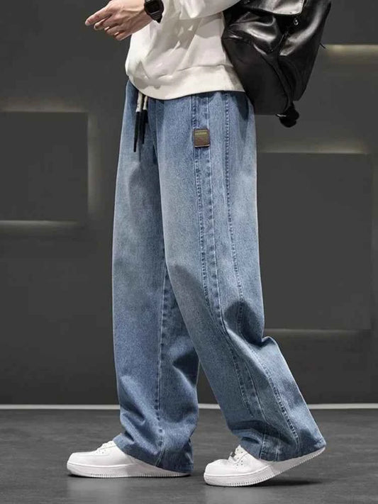 Spring New Wide Jeans Men Straight Vintage Drawstring Trousers Loose Pants Casual Solid Color Fashion Pants Big Size