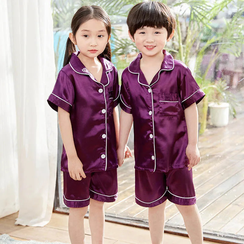 Children Silk Satin Pyjamas Set Baby Sleepwear Pijama Solid color Pajamas Suit Boys Girls Nightwear Autumn Kids Loungewear Pjs GONZALES ONLINE SHOP