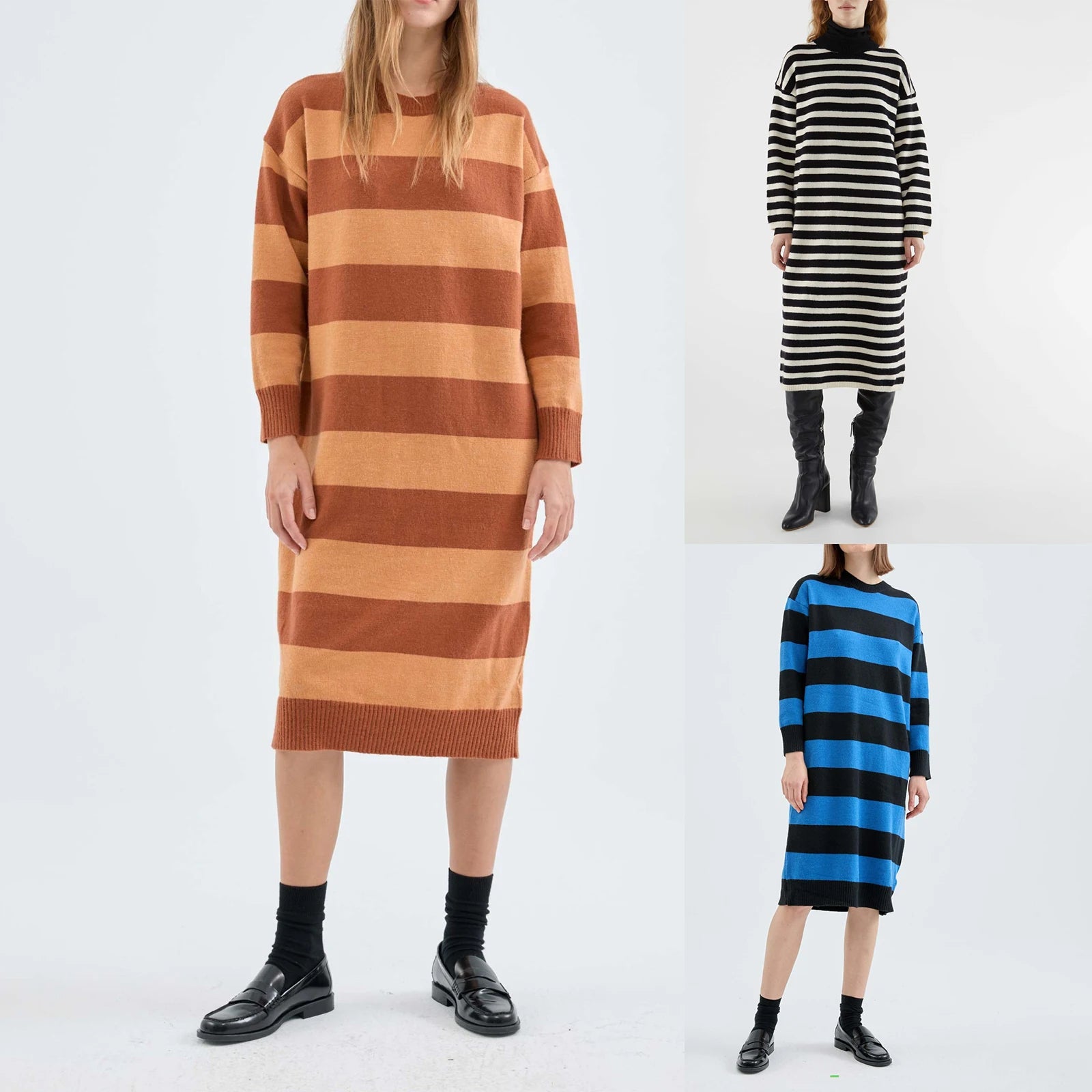 Women's Aesthetic Striped Printed Sweater Midi Dress Long Sleeve Ribbed Drop Shoulder Shift Casual Dress GONZALES ONLINE SHOP