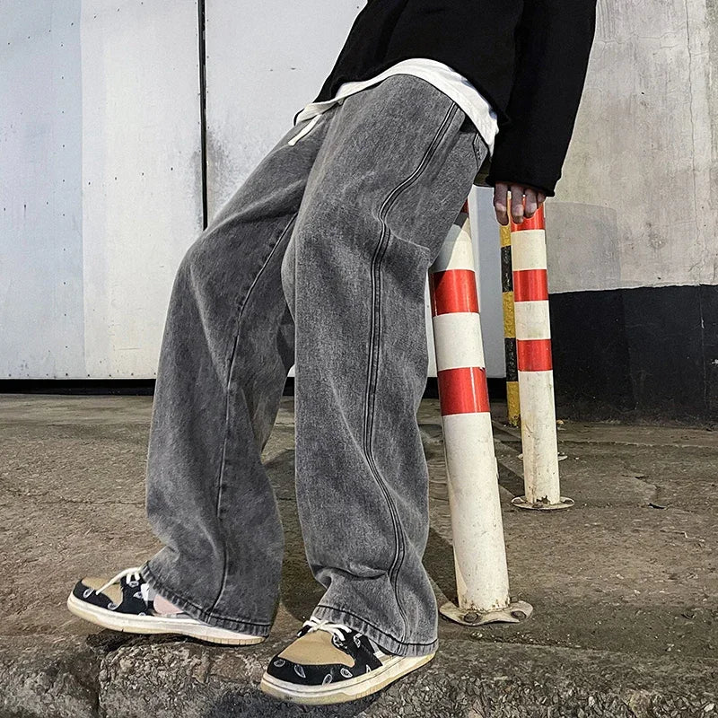 Men's Jeans Korean Version Student Casual Pants High Street Straight Loose Wide Leg Jeans Black Grey Blue Baggy Jeans GONZALES ONLINE SHOP