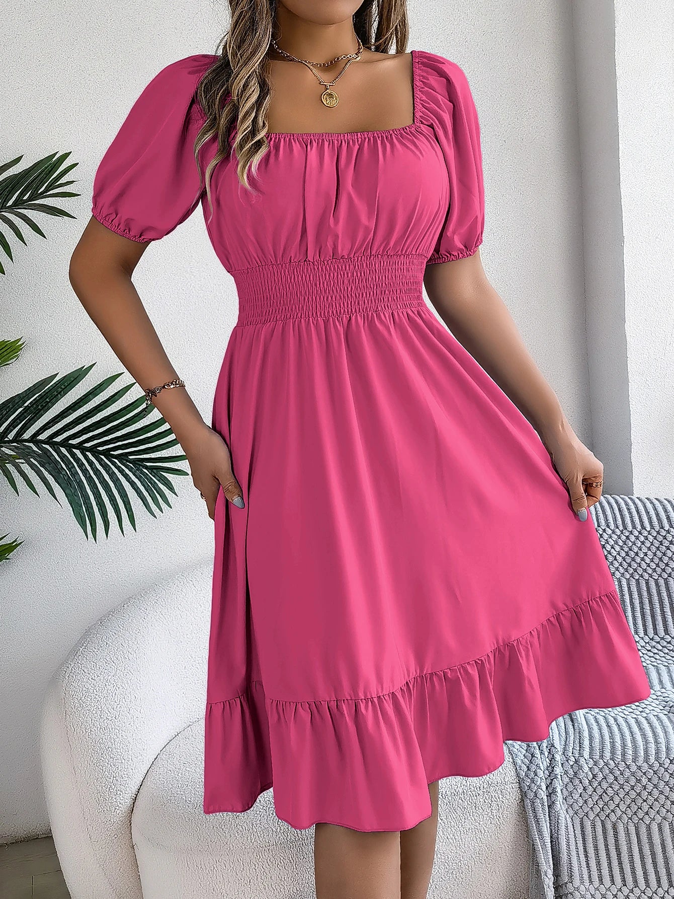 2024 New Fashion Solid Puff Sleeve Square Neck Ruched Bust Ruffle Hem Wasit Dress, Women's Clothing GONZALES ONLINE SHOP