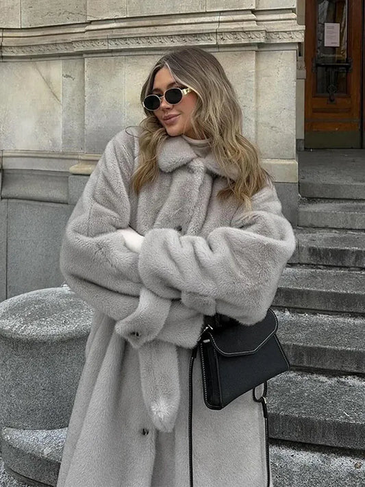 Elegant Thicken Warm Plush Faux Fur Long Coat Women Chic Single Breasted Lapel Overcoat With Belt New Lady Winter Fluffy Outwear GONZALES ONLINE SHOP