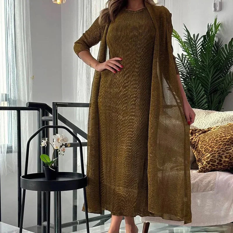 Pleats 2024 Fall Dress Set Gold Silk Pleated Two-piece Long Tunic + Sleeveless Undershirt Long Skirt Suit Women Slim Clothing GONZALES ONLINE SHOP