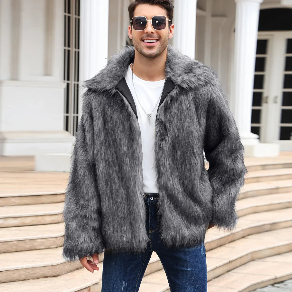 Men Faux Fox Fur Jacket Coat Winter Thick Fluffy Long Sleeve Lapel Warm Shaggy Outerwear Luxury Fur Jacket Bontjas Jackets Mens GONZALES ONLINE SHOP