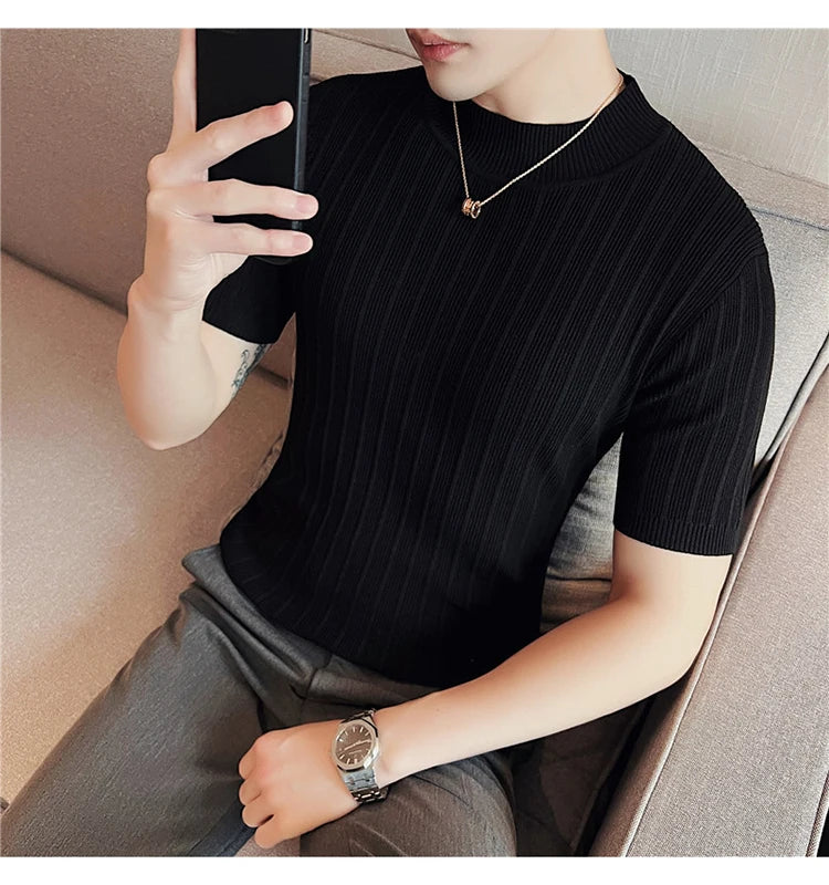 Men's High-End Casual Short Sleeve knitting Sweater/Male High collar Slim Fit Stripe Set head Knit Shirts Plus size S-4XL GONZALES ONLINE SHOP