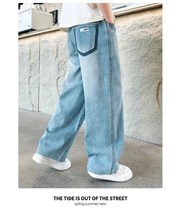 High Quality Kids Straight Fit Drawstring Jeans for Boy Girl Brief High Waist Denim Pants Unisex Child Casual Jeans Trousers