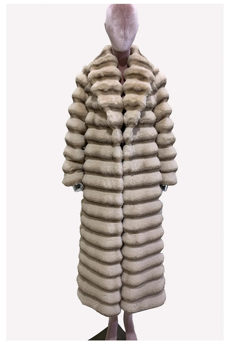 Nerazzurri Winter Long Striped Thick Warm Fluffy Faux Chinchilla Fur Coat Women Shawl Collar Elegant Chic Luxury Furry Overcoat GONZALES ONLINE SHOP