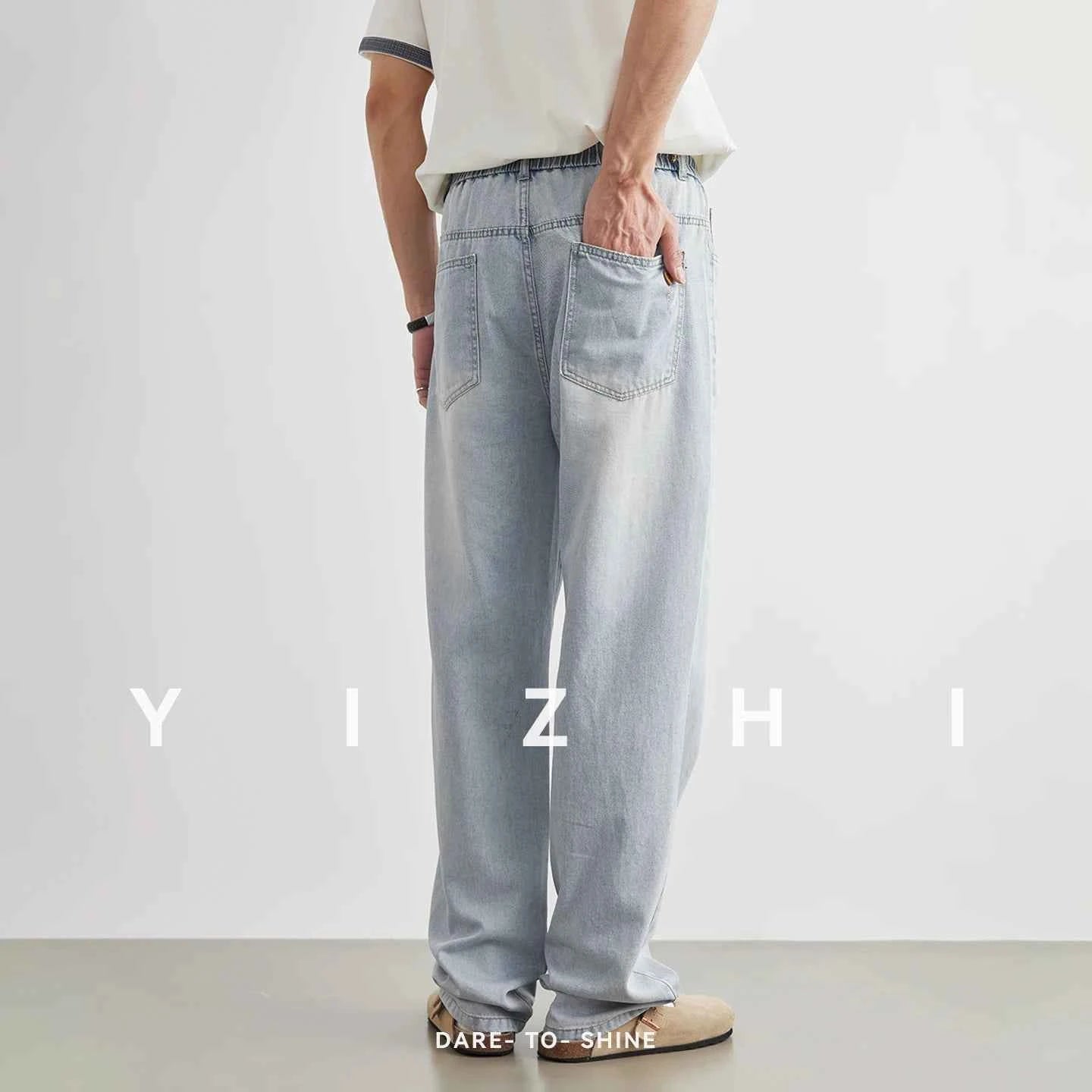 Fashion Men's Drawstring Elastic Waist Street Style Drape Jeans 2025 Summer Light Blue Washed Loose Straight Casual Pants