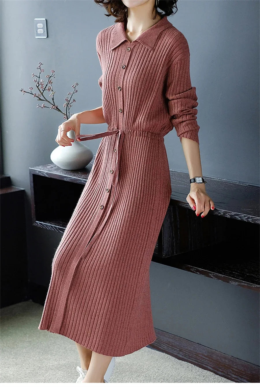 Elegant Knitted Sweater Dress Fashion Korean Long Sleeve Drawstring Waist Dresses Fall Vintage Women Mid-length Vestidos J116 GONZALES ONLINE SHOP