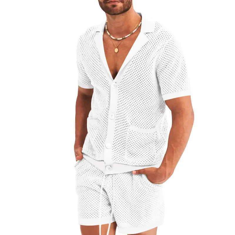 Summer New Men Shorts Mesh Hollow Out Knitted Casual Sports Lapel T-Shirt Short Sleeve Solid Beach Suit Men's 2 Pieces Set Suits GONZALES ONLINE SHOP