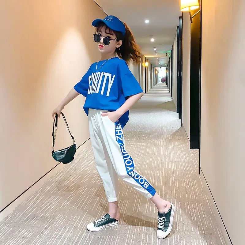 2024 Teen Girls Sport Suit letters short t-shirt + striped Pants Children Set Tracksuit Kids Leggings 5 8 12 9 14 Years Clothing GONZALES ONLINE SHOP