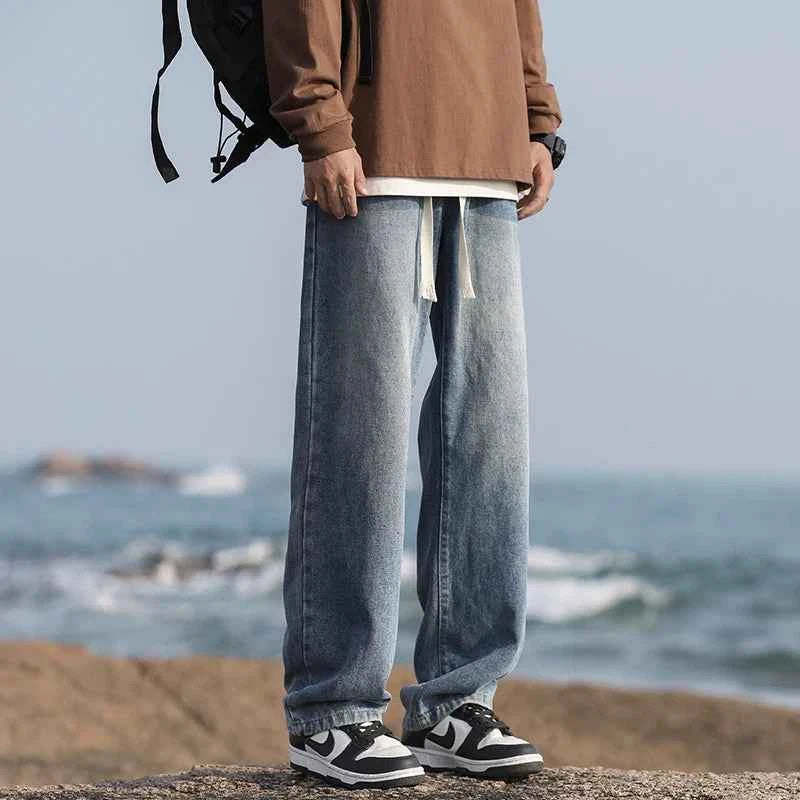 Men's summer loose straight leg pants with elastic drawstring, casual jeans, comfortable, fashionable and trendy jeans
