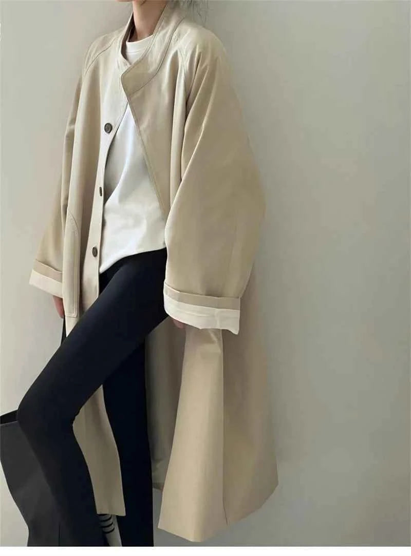 Lazy Loose Stand Up Collar Long Ttrench Coat For Women New Spring Autumn Casual British Style High-end Windbreaker Overcoat