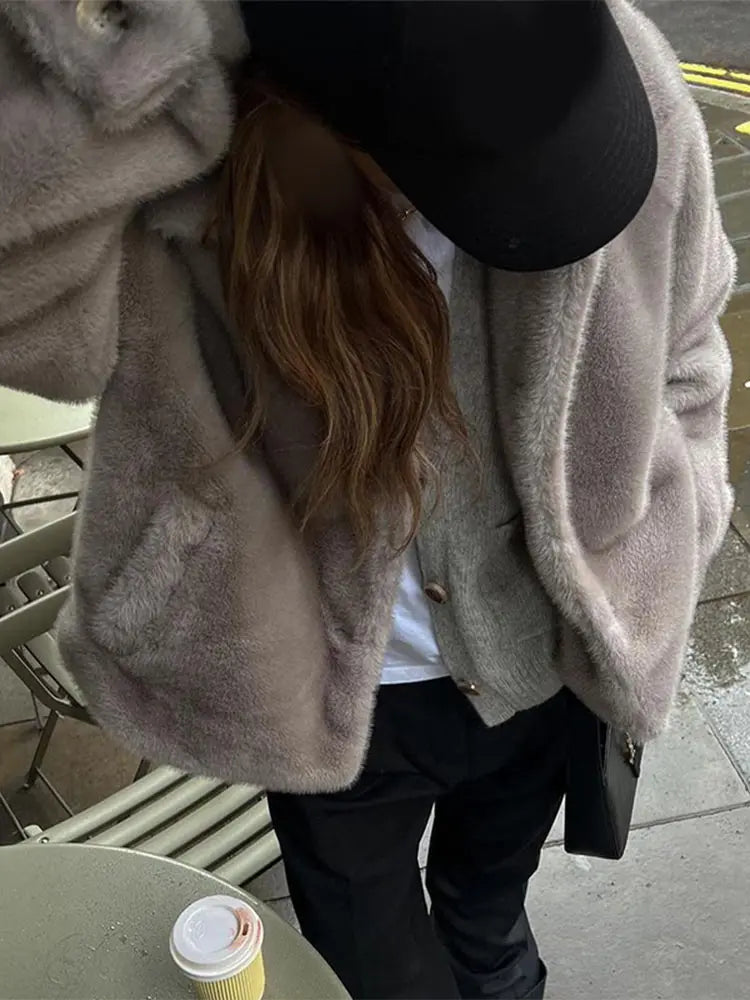 Chic Lapel Women Solid Faux Fur Coat Elegant Long Sleeve Single Breasted Pockets Jackets 2024 Winter Lady Street Warm Outwear GONZALES ONLINE SHOP