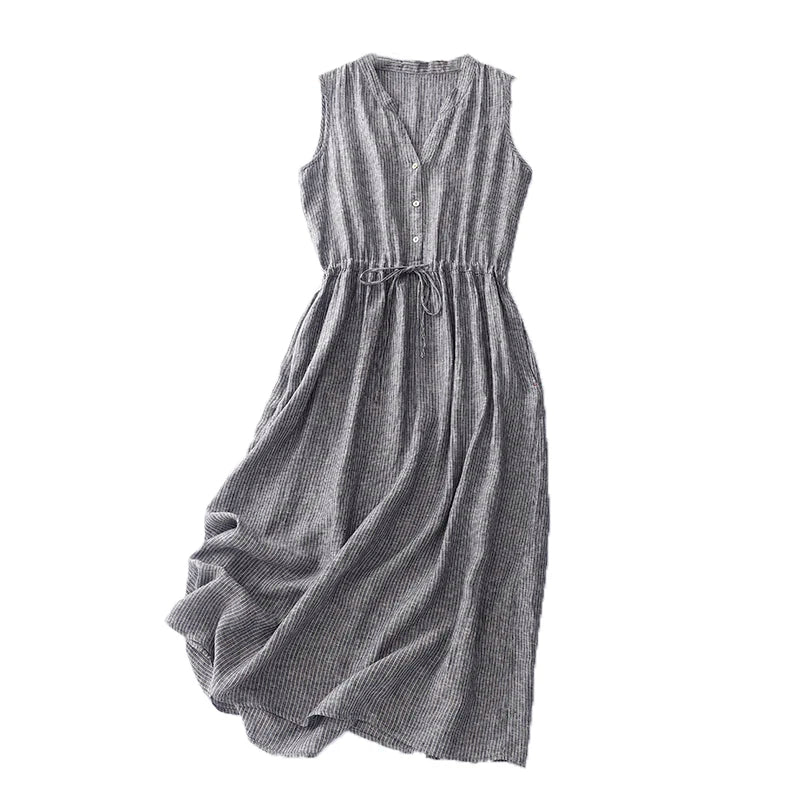 Limiguyue Cotton Linen Striped Vest Dress Summer Clothes Elastic Waist Drawstring A-Line Casual Dresses V-Neck Button Soft U397 GONZALES ONLINE SHOP