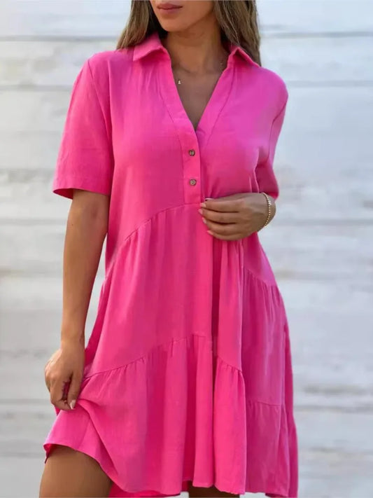 Loose Solid Casual Cotton And Linen Dress Women Summer Short Sleeve Ruffle Stitching Button Shirt Dress Women's Holiday Clothing GONZALES ONLINE SHOP
