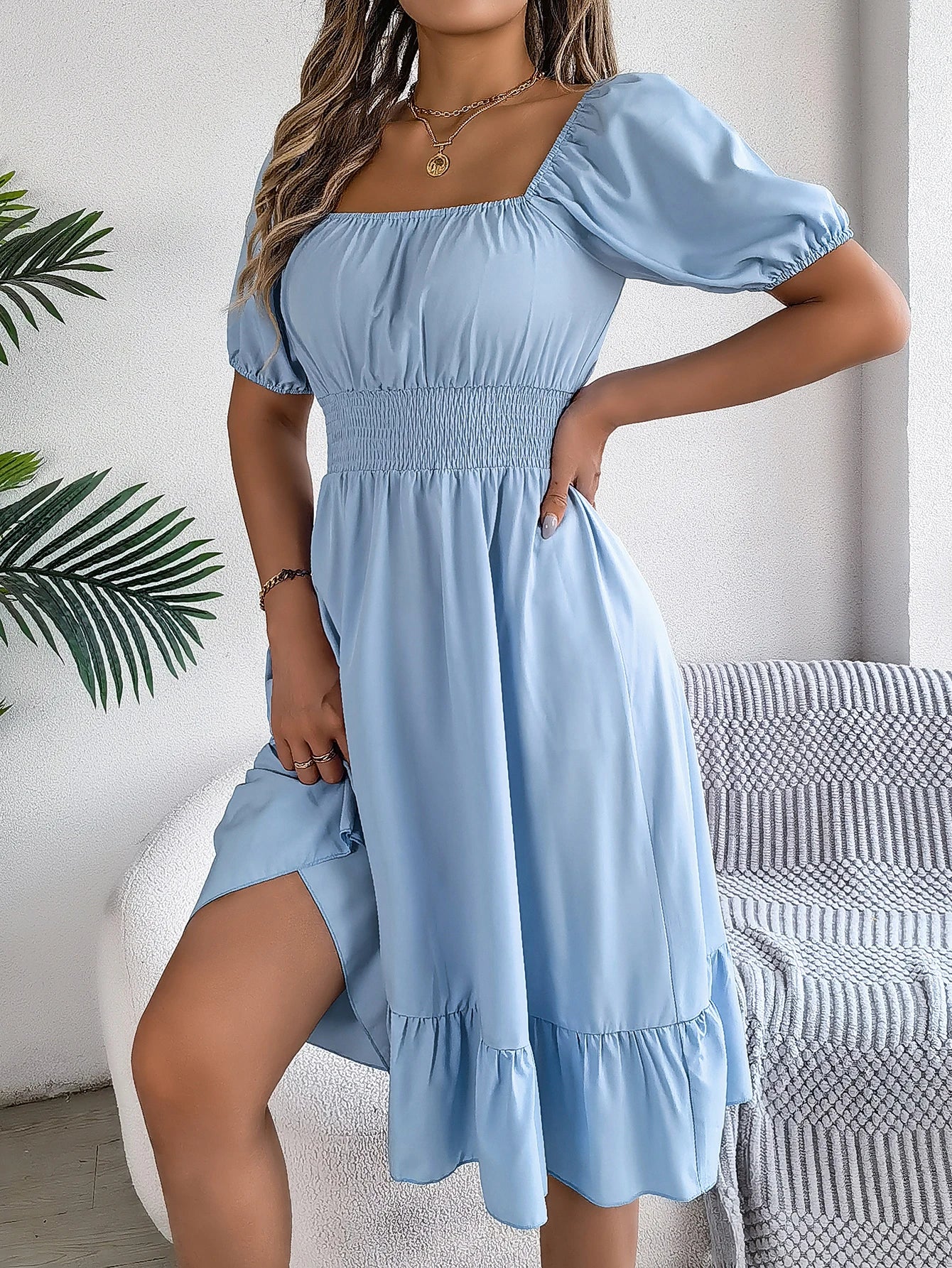 2024 New Fashion Solid Puff Sleeve Square Neck Ruched Bust Ruffle Hem Wasit Dress, Women's Clothing GONZALES ONLINE SHOP