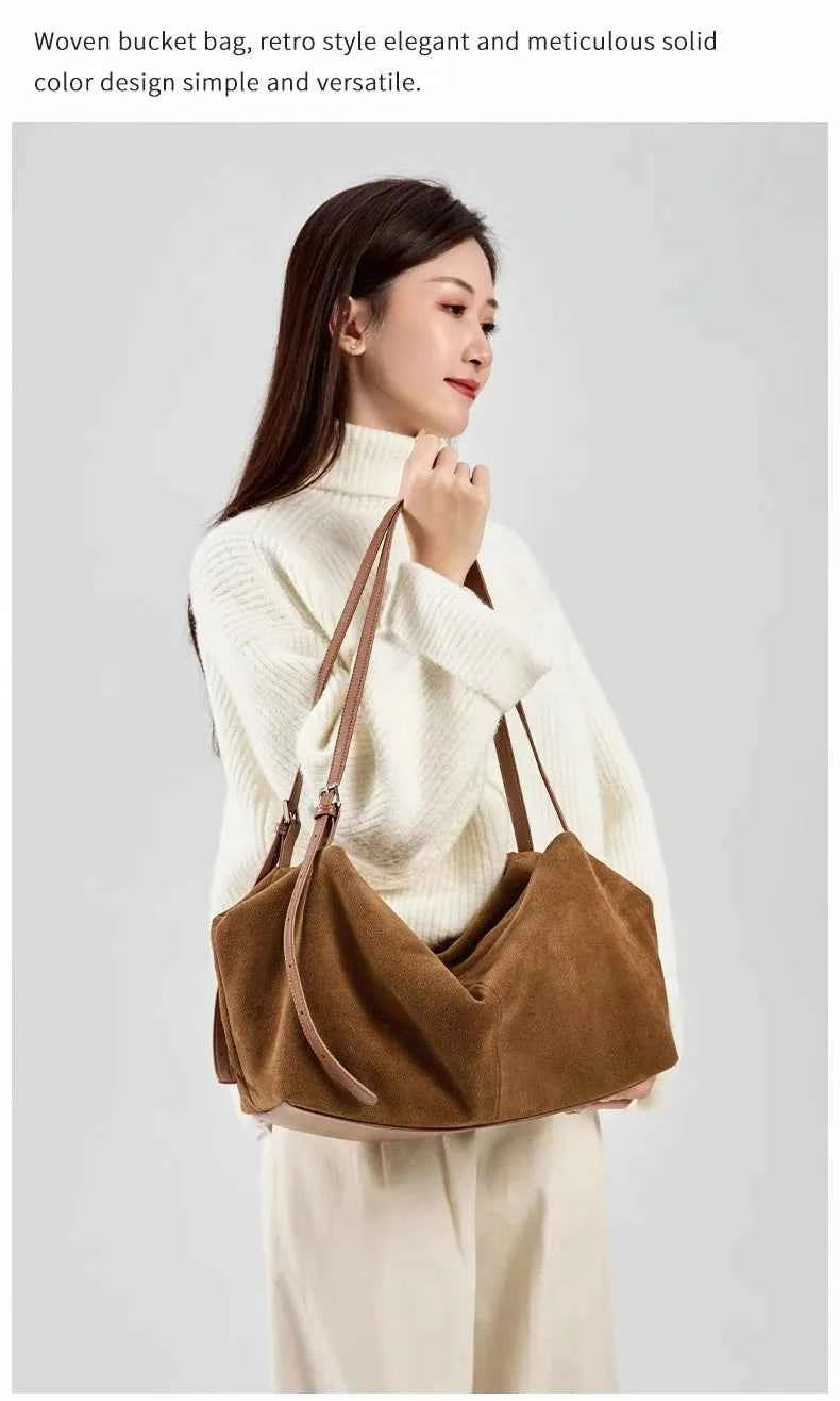 Women's Natural Nuede Genuine Leather Handbags Ladies large capacity Tote Bag Female Design Luxury Commuting Yoga Bag  hobo bag