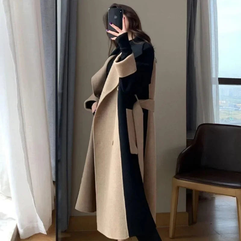 Women Patchwork Long Blends Coat Autumn Winter Turn Collar Single Breasted Coats Commute Elegant Parkas New Chic Warm Outwears GONZALES ONLINE SHOP