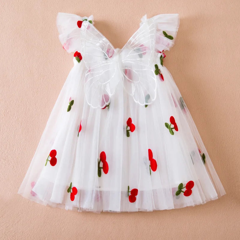 Humor Bear Girls Fairy Flying Sleeve Cherry Embroidery Butterfly Wing  Princess Gauzy Dress Children Clothes GONZALES ONLINE SHOP