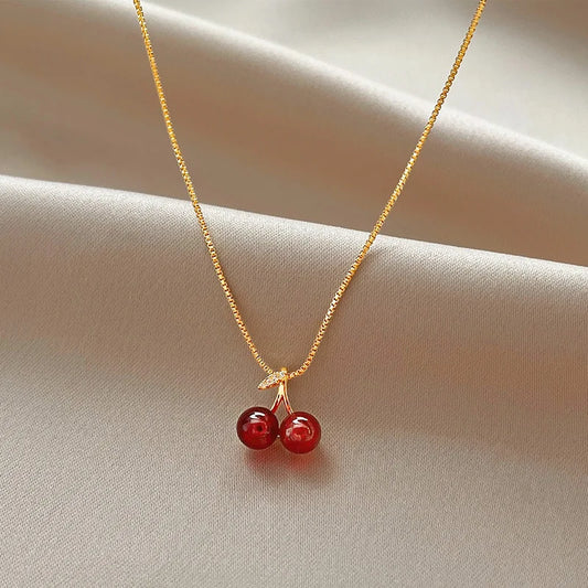 Stainless Steel Wine Red Cherry Gold Colour Pendant Necklace For Women Personality Fashion Necklace Wedding Jewelry Birthday Gif GONZALES ONLINE SHOP