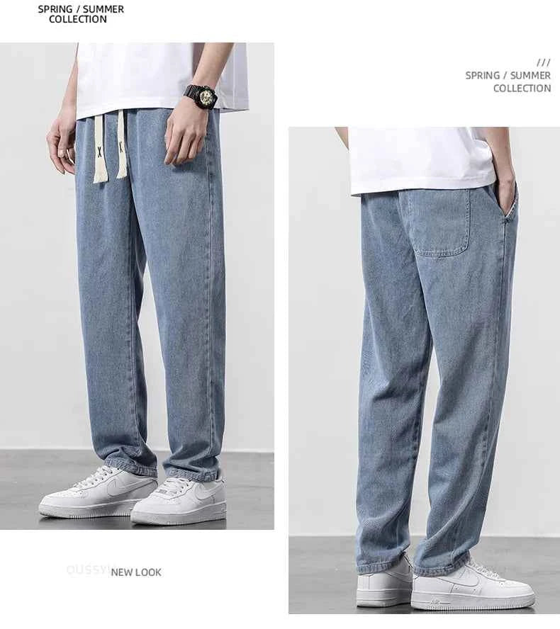 High Quality Fully Elastic Waist Men's Jeans Cotton Soft Drawstring Straight Pants Korea Casual Trousers Male Plus Size S-5XL