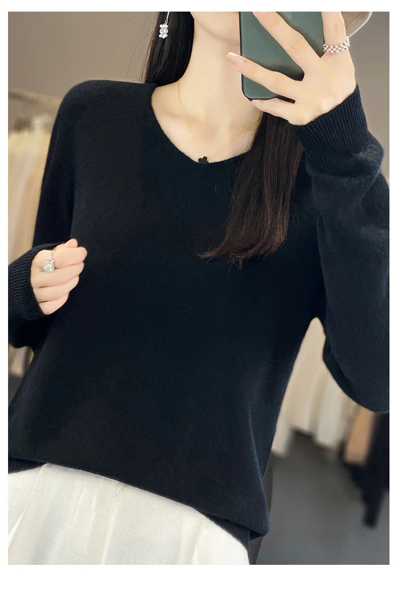 Women 100% Merino Wool Sweater V-Neck Basic Pullover Autumn Winter Cashmere Clothing Long Sleeve Soft Knitwear Tops Solid Color GONZALES ONLINE SHOP