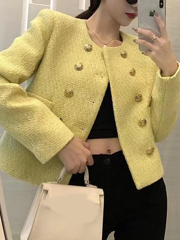 Chic Yellow Tweed Jacket Women  Autumn Double Breasted O-neck Woolen Coat Ladies Office Winter Elegant Street Outerwear GONZALES ONLINE SHOP