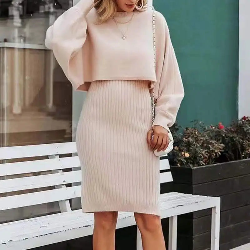 Fashion Sexy Knitted Dress Two-piece Set Women 2023 Spring Autumn New Temperament Solid Long-sleeved Sweater Women's Outtifits GONZALES ONLINE SHOP