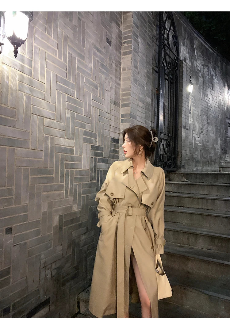 Autumn Winter Khaki Long Trench Coat for Women 2024 Jacket Elegant Outerwear Turn-down Collar Tie Belt Korean Chic Windbreaker GONZALES ONLINE SHOP