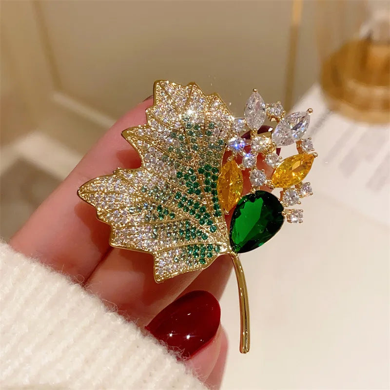 High-end Luxury Yellow Crystal Maple Leaf Brooch For Women Exquisite Rhinestone Flower Brooch Pin Banquet Wedding Jewelry GONZALES ONLINE SHOP