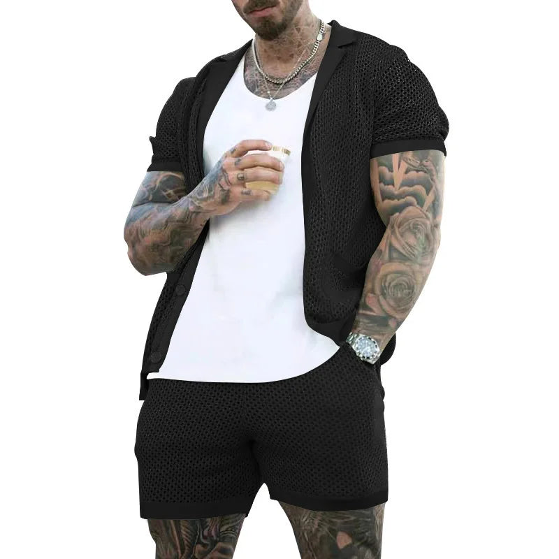 Summer New Men Shorts Mesh Hollow Out Knitted Casual Sports Lapel T-Shirt Short Sleeve Solid Beach Suit Men's 2 Pieces Set Suits GONZALES ONLINE SHOP