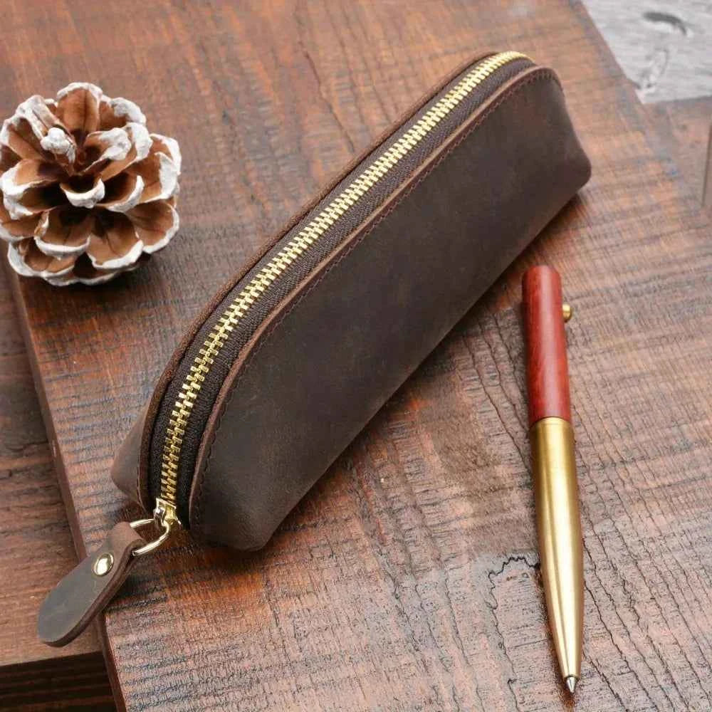 Vintage Leather Pencil Bag Simple Stationery Hoder Pen Case Storage Bag Zipper Pencil Pouch Glasses Box School Supplies