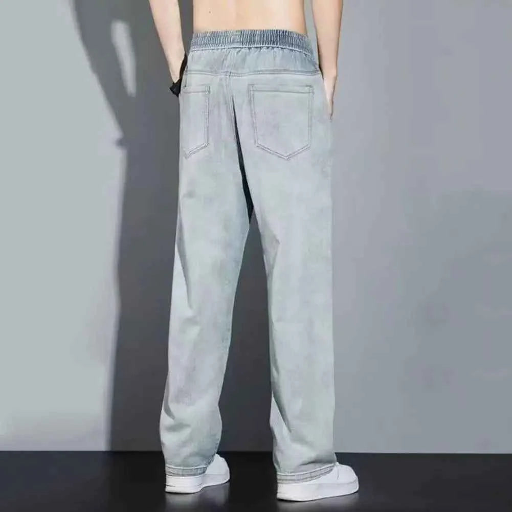 Non-deformed Men Gradient Color Jeans Versatile Men's Elastic Waist Denim Pants Adjustable Drawstring Solid Color for Casual
