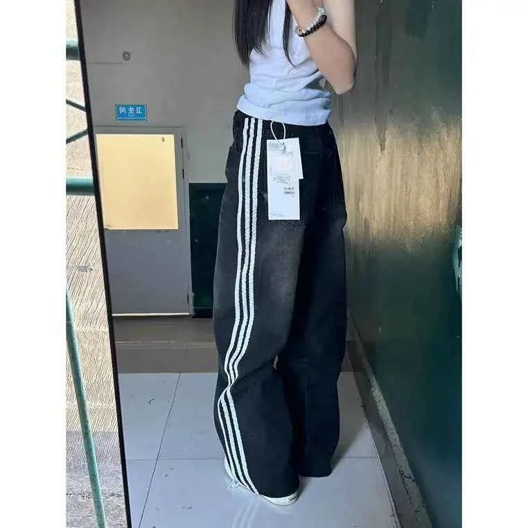 American High Street Black Three Bars Straight Leg Jeans Women's Loose Slim High Waist Wide Leg Floor-Length Pants