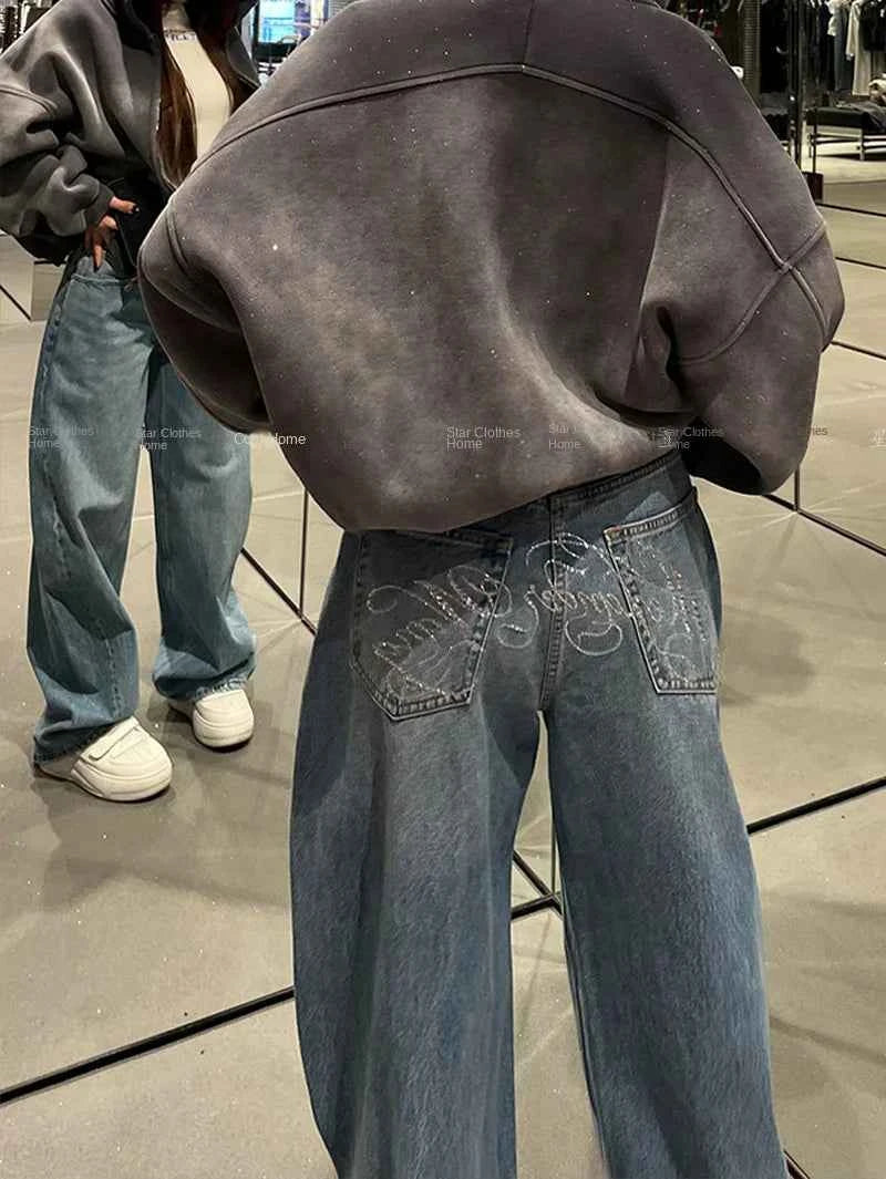Loose Wide Leg Womens Jeans Casual  Pants Trousers Vintage Retro Design American Style Chic Distressed Oversized Fashion