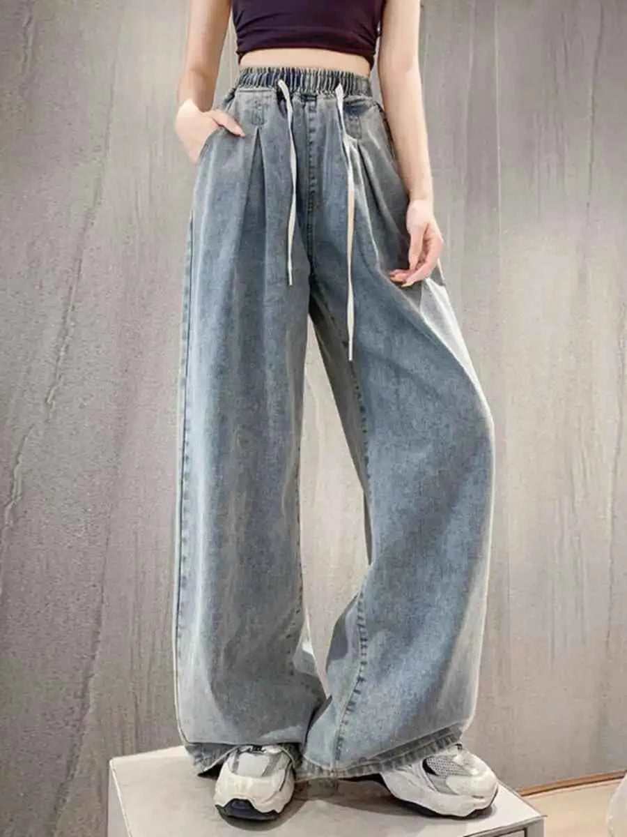 High Waist Straight Leg Dstring Jeans Women's Spring Autumn Slimming Drapey Lazy Sle Floor Length Trousers