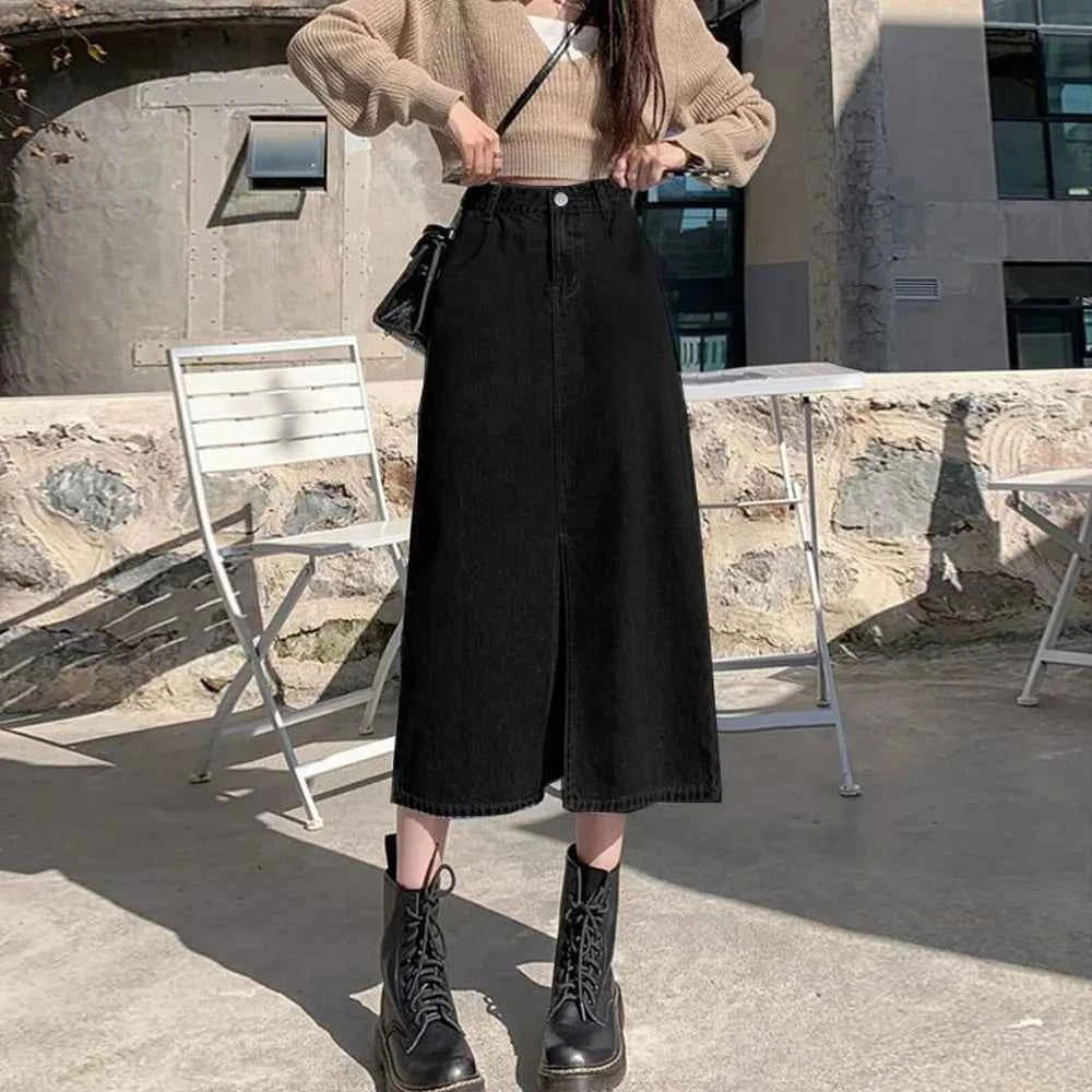 Summer Women High-waist Retro A- line Skirt Pockets Front Slit Washed Blue Denim Skirts Hip-covering Straight Long Jeans Skirt